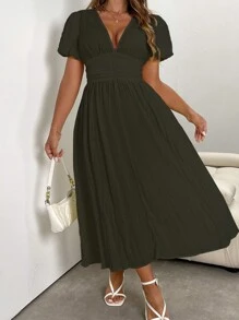 Flirla Vestido casual de talla grande con mangas abullonadas y unicolor para verano - Negro - Ver 7