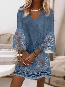 女式西方復古印花V領長袖連衣裙 - 彩色 - 查看 2