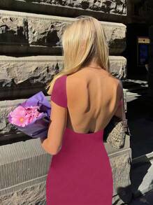 SHEIN PETITE Robe fourreau de couleur unie avec dos profond - Rose vif - Voir 5