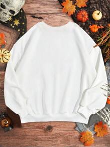 1pc Women's Casual Halloween Letter And Ghost Printed Sweatshirt With Round Neck, Autumn/Winter Season