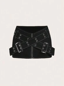 SHEIN ICON Y2k Summer Ultra-Low Waist Cross Belt Buckle Mini Skirt With Double Row Metal Eyelets Decor - Black - View 1