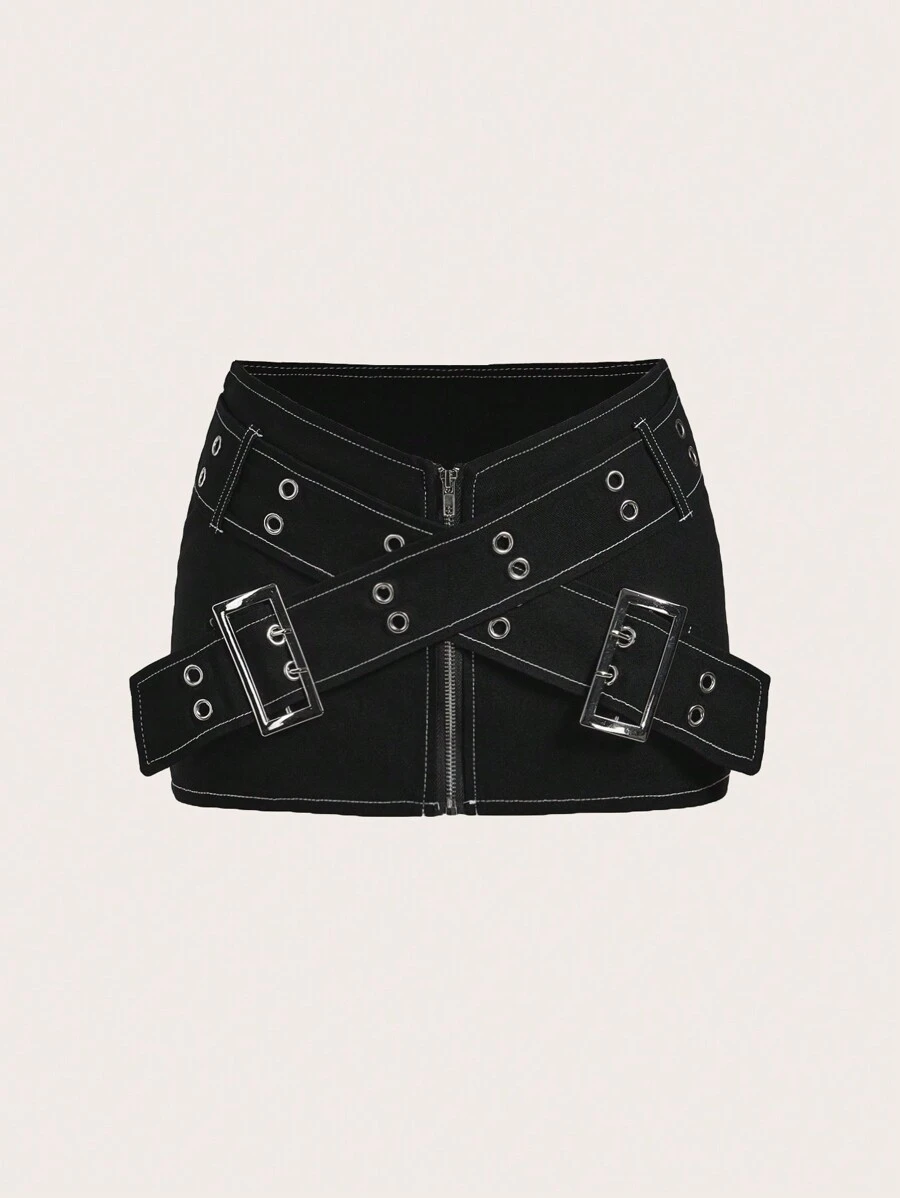 SHEIN ICON Y2k Summer Ultra-Low Waist Cross Belt Buckle Mini Skirt With Double Row Metal Eyelets Decor - Black - View 1