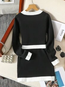 SHEIN Elegante, lässige Strickjacke mit Farbblock Design und gestricktem Camisole-Kleid für Teen Mädchen im Frühling und Herbst