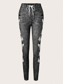 SHEIN LUNE Women's Butterfly Tie-Waist Denim Effect Slim Fit Casual Pants Fall Cloth For Women - Multicolor - View 5