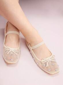 CUCCOO DOLLMOD 时尚女士鞋米色网眼和水钻芭蕾平底鞋,带蝴蝶结细节,适合夏季度假鞋夏季促销优雅平底鞋圣诞节秋季新年假期 - 杏色 - 查看 2