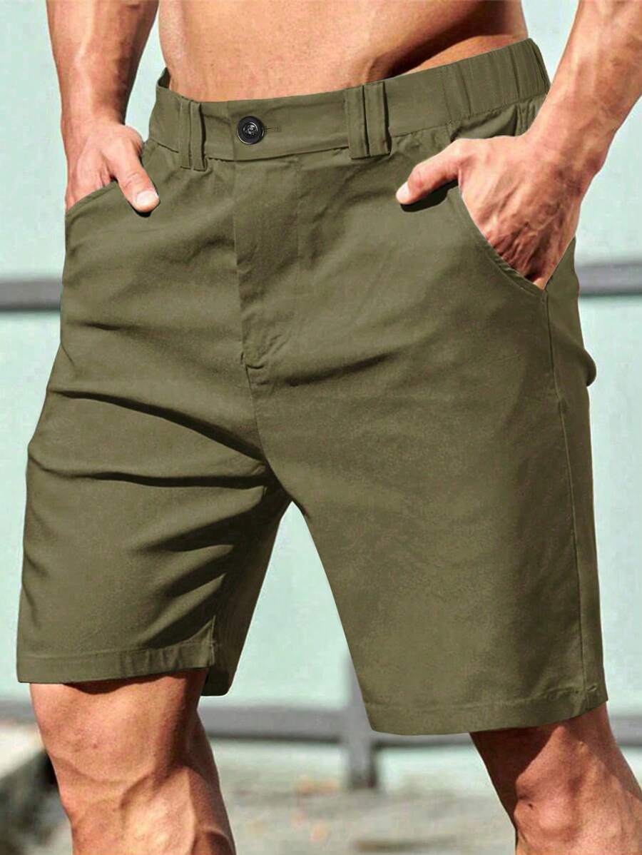 Manfinity Homme Quần short nam màu trơn có túi cho mùa hè - xanh quân đội - Xem 1