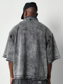 SUMWON Boxy Fit Washed Denim Zip Through Raw Edge Worker Shirt - Black - View 2