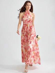 Enchnt Spring/Summer Romantic  Romantic Floral Print Tie Backless Halter SunDress For Holiday, Sweet&Elegant Dress For Wedding&Miusic Party&Birthday&Holiday &Sweet Date Night&Daily Commuting&Vacation - Orange - View 7