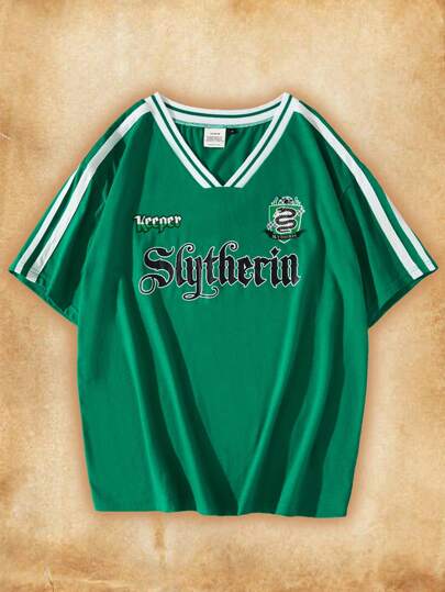 HARRY POTTER X SHEIN Women's Summer Slytherin Green Letter Graphic Striped Trim Drop Shoulder Tee Back To School Clothes Graphic T Shirt Football Shirt