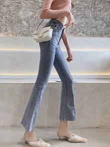 Washed Raw Hem Flare Leg Jeans Casual Spring Fall - Light Wash - View 5