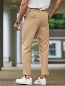 Manfinity Homme 男士單色多口袋前扣西裝褲，適用於日常穿著和休閒場合 - 卡其色 - 查看 2
