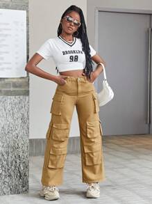 SHEIN Explorewe Quần dài denim kaki dành cho nữ tuổi teen, thiết kế nhiều túi - Màu Khaki - Xem 2