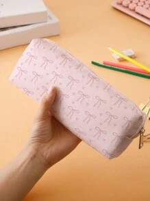 ROMWE Kawaii 可爱粉色蝴蝶结和心形图案双面印花铅笔盒，学校，返校，学校用品 - 彩色 - 查看 2