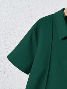 SHEIN 2pcs/Set Tween BoyLoose Casual Turndown Collar Solid Color Short Sleeve Polo Shirt And Shorts - Dark Green - View 4
