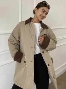 DAZY 女士撞色宽松长袖翻领口袋羽绒服，冬季女装，冬季外套