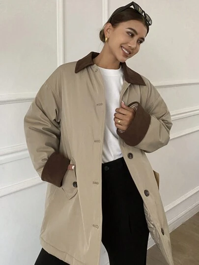 DAZY 女士撞色宽松长袖翻领口袋羽绒服，冬季女装，冬季外套