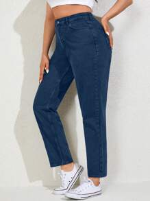 EURMUSE Plus Size  Solid Color Front Button Multiple Pockets Long Pants, Daily Casual - Medium Wash - View 4