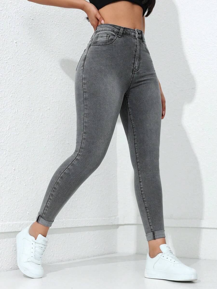 Jeanoix Solid Color Skinny Jeans With Pockets And Zipper - Grey - View 1