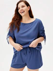 LUVLETTE Women Plus Soft Drawstring Cotton Pajamas Top & Shorts PJ Set Boxer Set,Spring And Summer Matching Sets Cotton Pajamas Fashion Casual Comfy Outfits - Mint Blue - View 9
