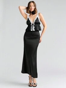 Enchnt Áo và váy ren xếp nếp viền satin tương phản - Đen và trắng - Xem 4