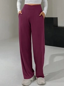 DAZY Pantalones largos para mujer de cintura alta y pierna ancha con diseño cruzado en la cintura - Burdeos - Ver 5