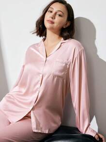 LUVLETTE Conjunto de pijama longo feminino rosa básico de cetim com botões, ideal para usar em casa, para noivas, para o outono, para a primavera e o verão. - Baby Rosa - Ver 6