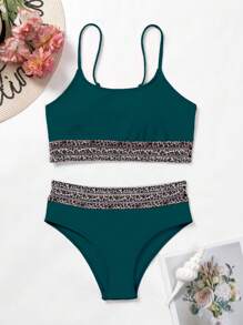 SHEIN Swim 女士纯色豹纹拼接简约日常两件套比基尼套装夏季海滩 - 霧霾藍 - 查看 7