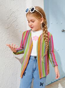 SHEIN Girls' Beach Vacation Sunscreen Colorful Striped Long Sleeve Knitted Thin Open Front Long Cardigan, Suitable For Spring, Summer, Autumn, Beach Vacation And Sun Protection - Multicolor - View 4