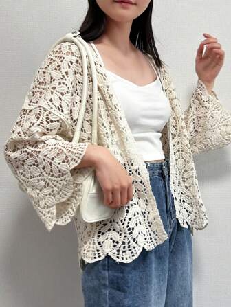 FRIFUL Women's Solid Color Simple Everyday Openwork Cardigan,Short Sleeve Tops Sheer
