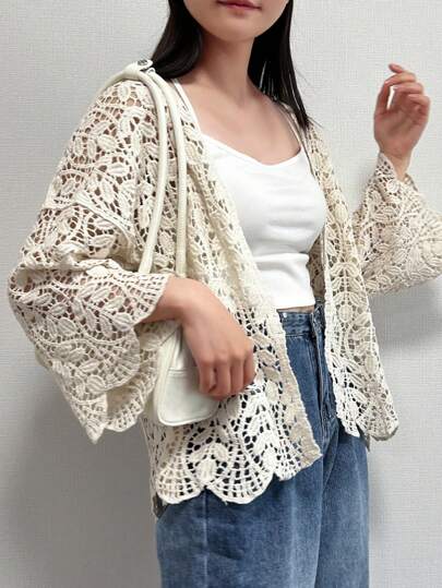 FRIFUL Women's Solid Color Simple Everyday Openwork Cardigan,Short Sleeve Tops Sheer