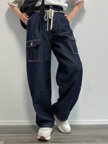 FRIFUL Pantalones vaqueros de mujer con bolsillos grandes de unicolor