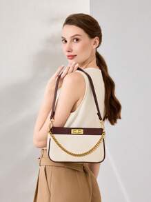 Women's Shoulder Bag With Color-Block Chain - Đen và trắng - Xem 7