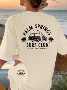 INAWLY Palm Springs Lướt Dừa Quần Áo Bé Gái Đi Biển Mùa Hè Áo Phông Quá Khổ - Màu be - Xem 3