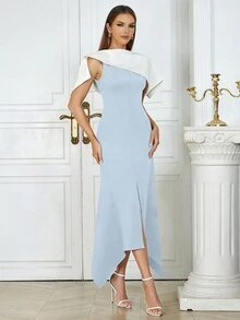 Elegant Simple Blue And White Patchwork Asymmetrical Waist Tuxedo Dress Women - Baby Blue - View 7