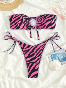 SHEIN Swim Summer Beach Round Ring Decorated All-Over Print Bandeau Bikini Set With Random Print - Multicolor - View 1