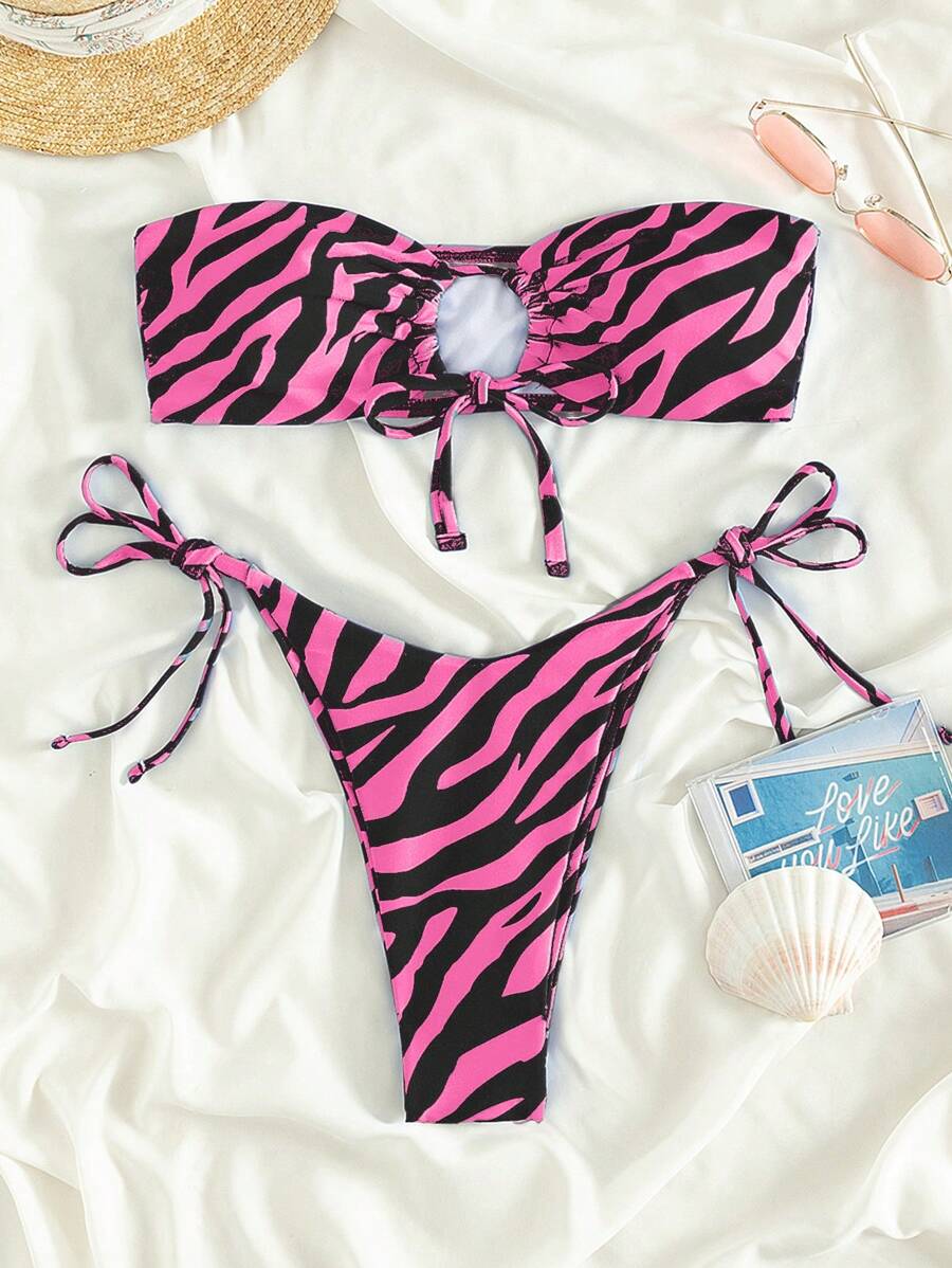 SHEIN Swim Summer Beach Round Ring Decorated All-Over Print Bandeau Bikini Set With Random Print - Multicolor - View 1
