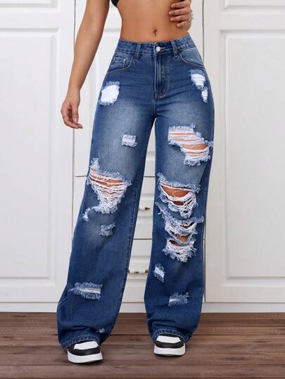 SHEIN ICON Plus Size Women's Distressed Straight Leg Jeans, Fashionable Street Style For Summer
