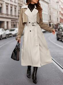 SHEIN Clasi Abrigo elegante a prueba de viento para mujer con bloque de color en caqui y albaricoque, abrigado y versátil para estilo de negocios, manga larga, cuello de solapa, abrigo estilo trench con cinturón