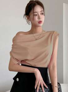 DAZY Women's Solid Color Asymmetric Collar Pleated Casual T-Shirt, Summer