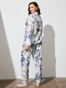 LUVLETTE Satin Large Scale Floral Long-Sleeve Button-Up & Pants Women Pajama Set Lounge Sets Lingerie