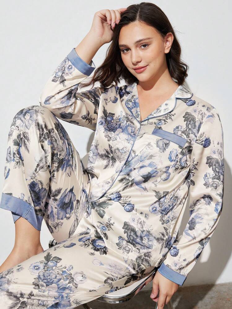 LUVLETTE Ensembles de pyjamas longs en satin à fleurs d'automne et d'hiver pour femmes, ensembles de détente, sous-vêtements, vêtements de pyjama d'automne - Bleu et Blanc - Voir 6