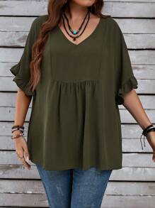 EMERY ROSE Plus Size Women's Vacation Casual Dark Green Mom Blouse With Ruffled Sleeves For Summer - Army Green - View 4