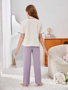 Tween Girls' Lovely And Simple Flower Embroidery Pattern Knitted Comfortable Loose Homewear Set, 2pcs - Dusty Purple - View 2