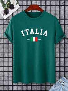 Manfinity Homme Men's Round Neck Letter And Flag Printed Short Sleeve T-Shirt, Summer - Dark Green - View 4