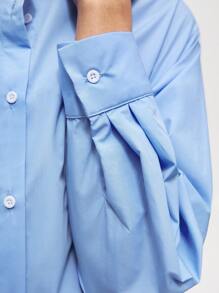 Maija Conjunto de dos piezas para mujer de camisa larga de manga larga diaria y falda de unicolor simple - Azul - Ver 4