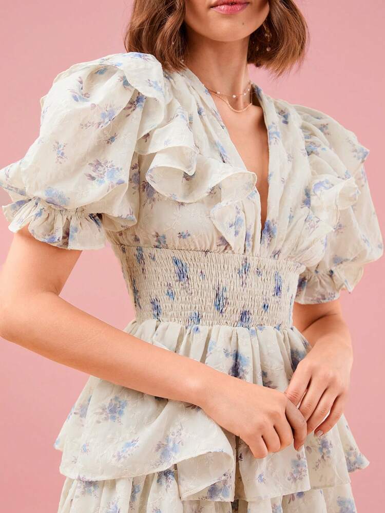 Women's Summer Double Layered Ruffle Hem Ditsy Floral Patchwork Dress With Elastic Waist