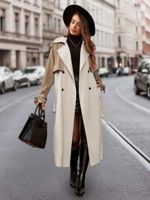 SHEIN Clasi Abrigo elegante a prueba de viento para mujer con bloque de color en caqui y albaricoque, abrigado y versátil para estilo de negocios, manga larga, cuello de solapa, abrigo estilo trench con cinturón