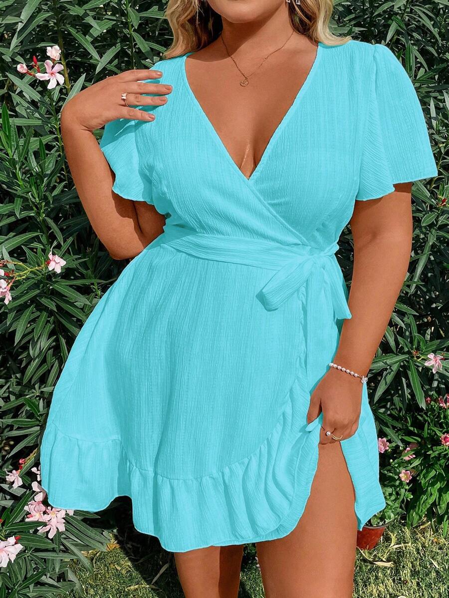 Flirla Plus Size Butterfly Sleeve Ruffle Hem Belted Dress Vacation Beach Outfits Women - Teal Blue - View 1