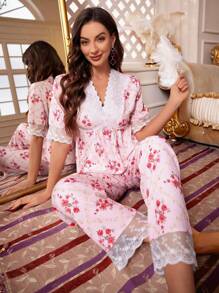 PalaceNights Women's Floral Printed Short Sleeve Long Pants Pajama Set
