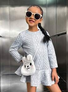 SHEIN Vestido Com Babado E Bainha Frisada De Tricô Para Jovens Com Bolsa